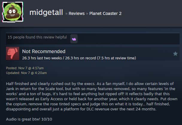 Screenshot showing Steam user reviews of Planet Coaster 2.